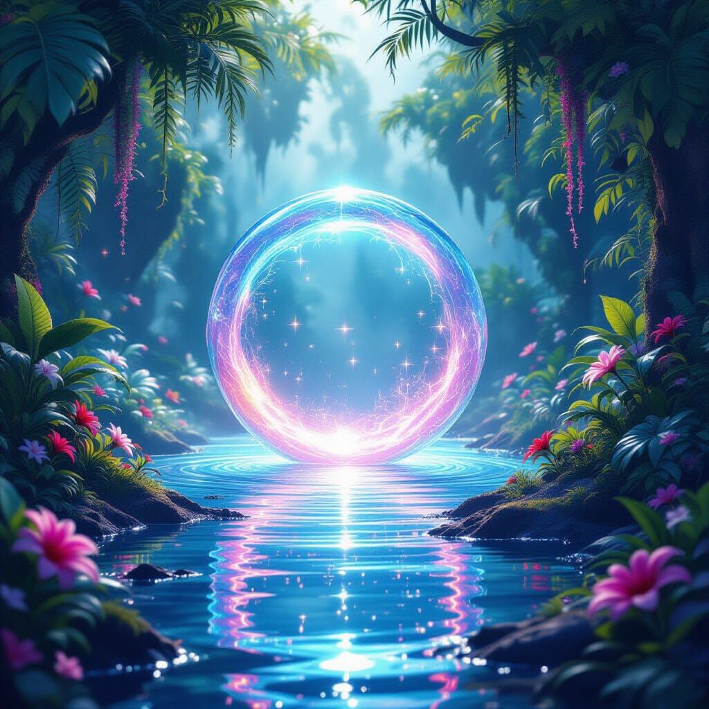 Shimmering Portal in Alien Jungle, Bioluminescent Art