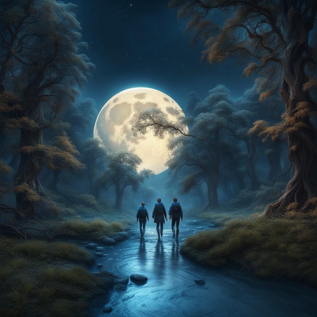 Fairy in Magical Forest Under Blue Moon