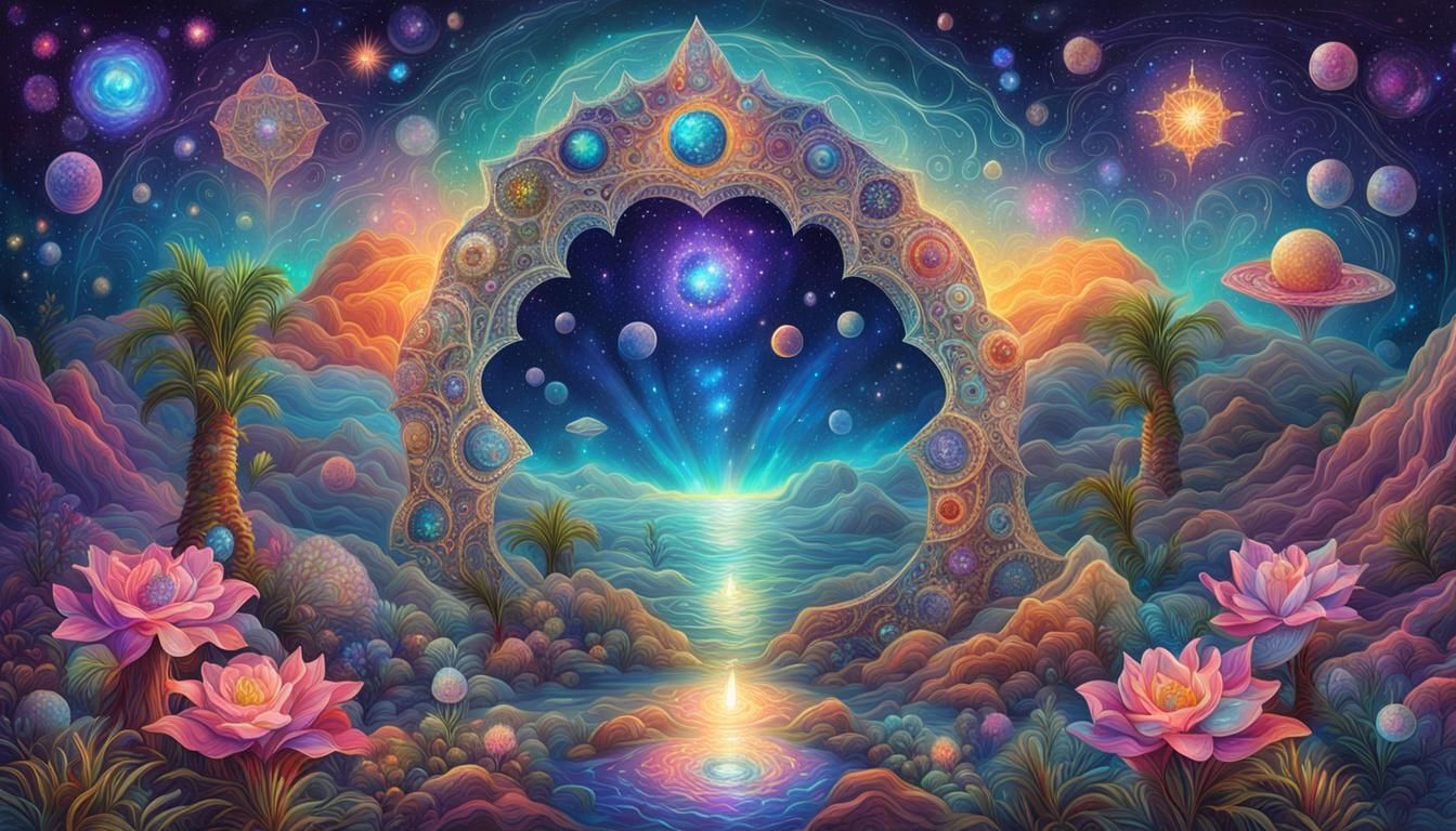 Bejewelled Galactic Oasis in Surreal Biomechanical Style