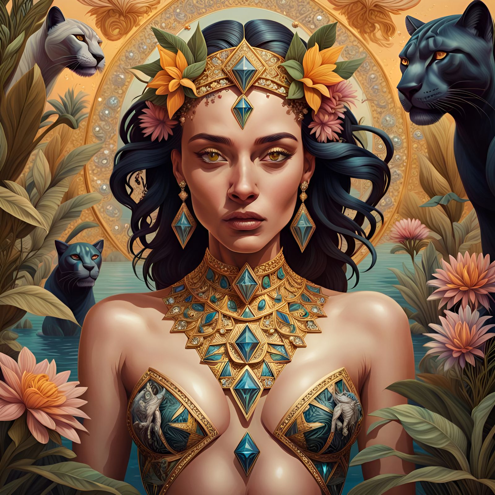 Egyptian Maximalism: Woman with Panthers in Diamond Lake