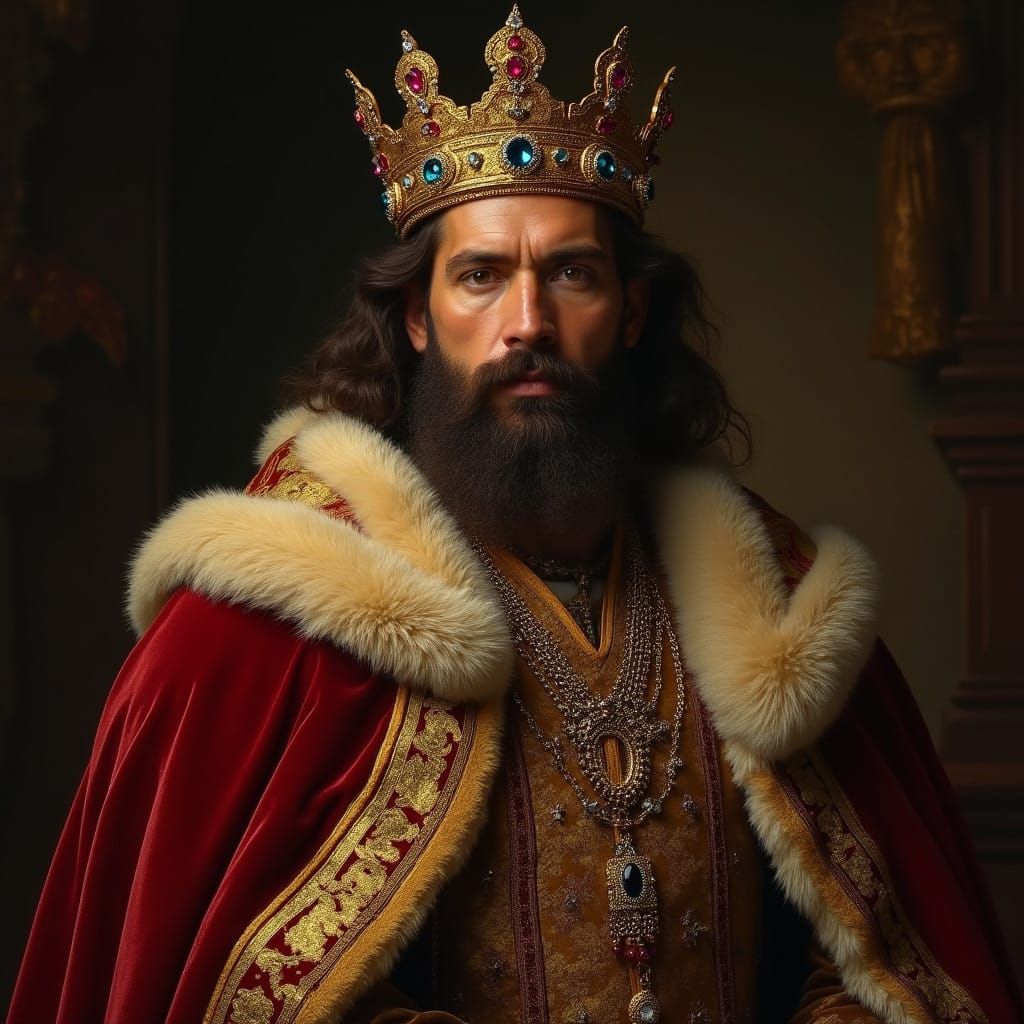Majestic King in Opulent Velvet Robe with Golden Crown and P...