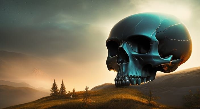 Ethereal Obsidian Skull in Fantasy Landscape