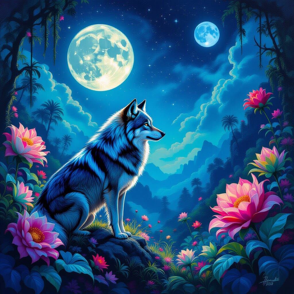 Majestic Wolf Under Double Moons in Bioluminescent Jungle