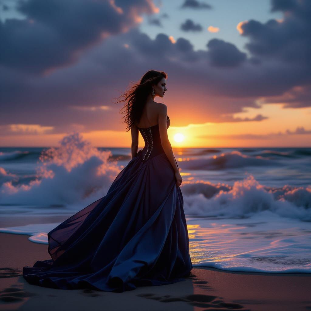 Woman on Windswept Beach at Sunset in Vintage Film Style