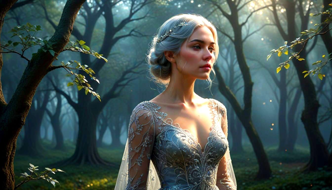 Bioluminescent Grove: Ethereal Woman in Minimalistic Realism