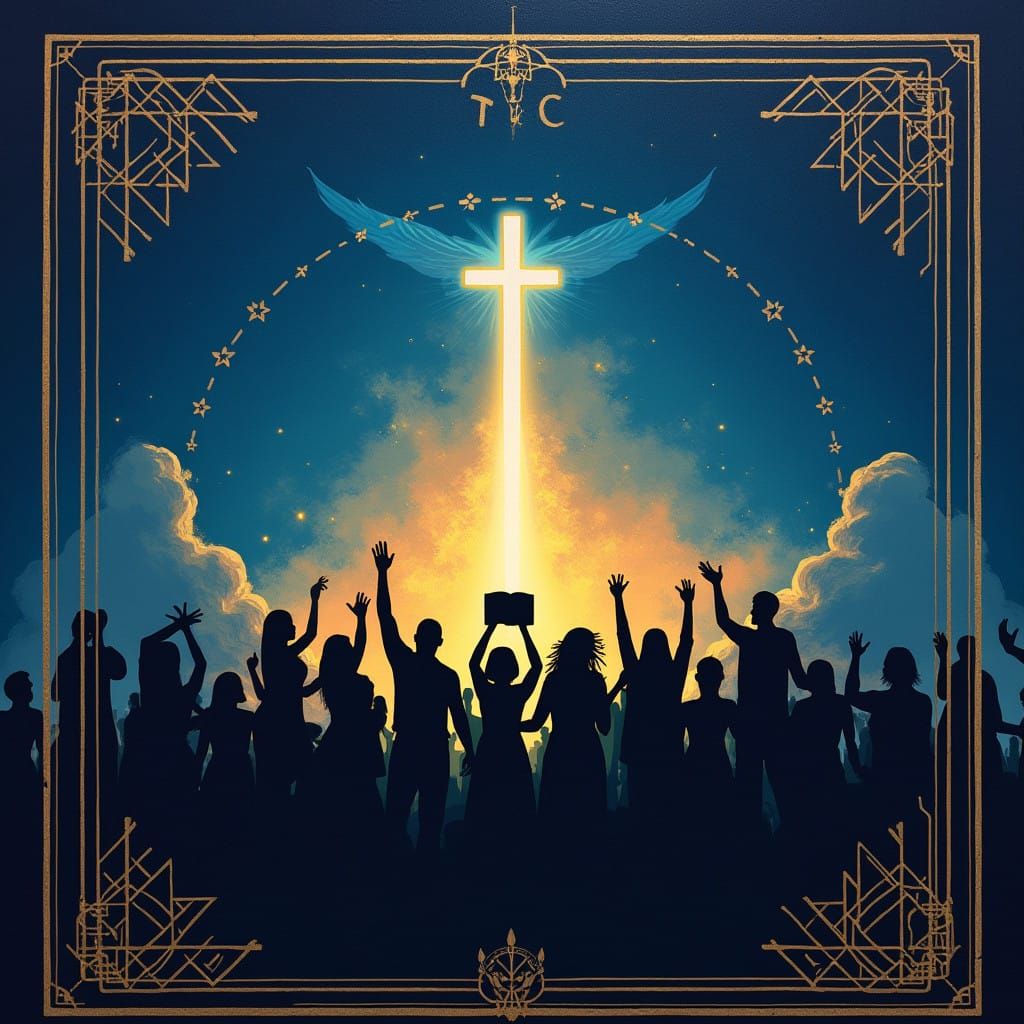 Surreal Blue Night Sky with Geometric Patterns and Worshipin...