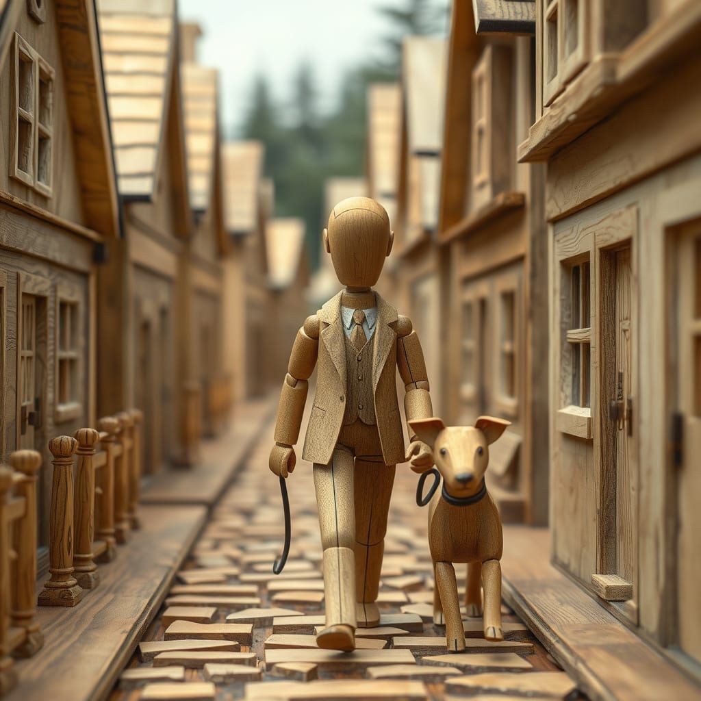 Wooden Man and Dog Stroll Whimsical Wooden Street