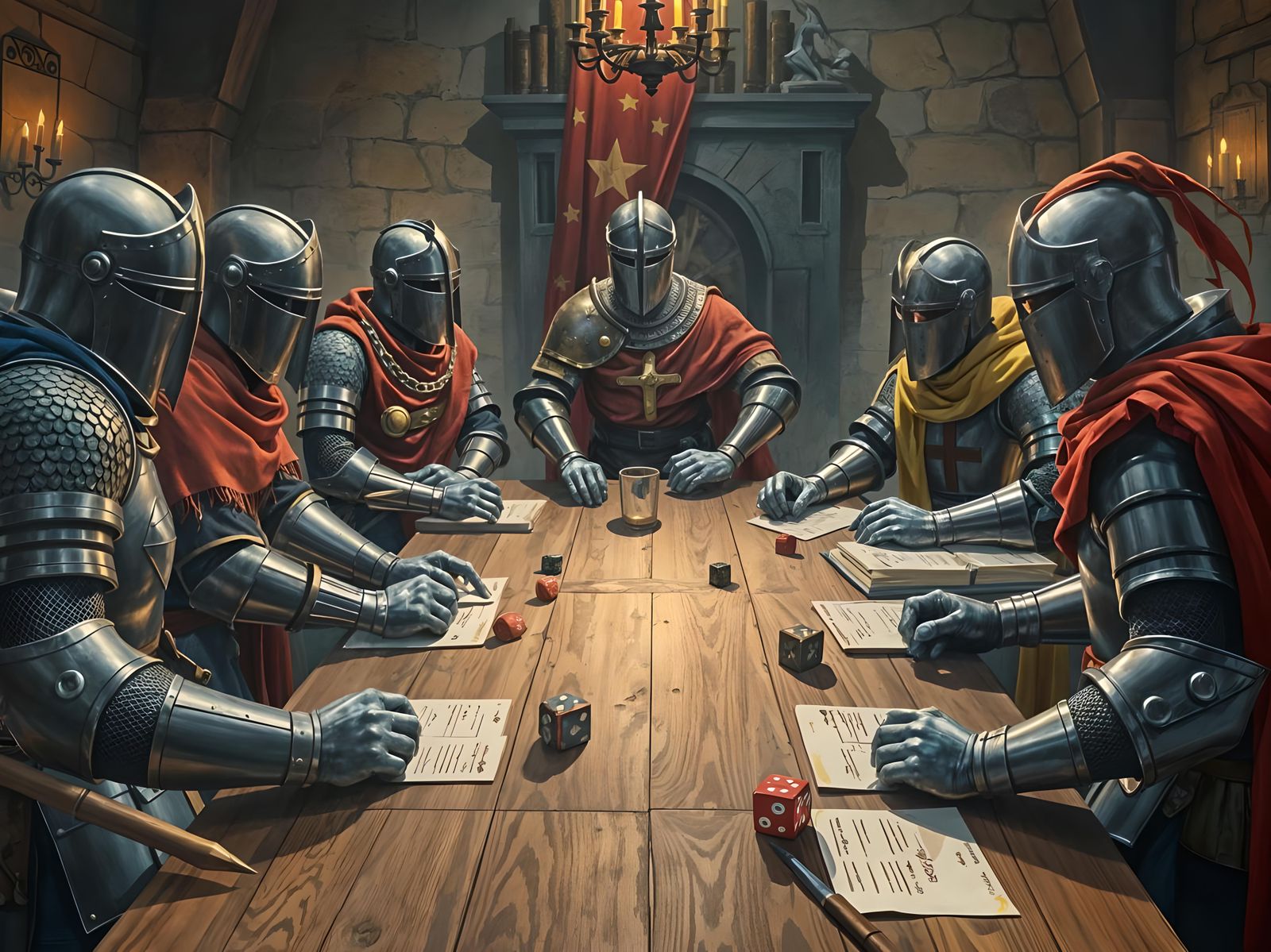 Medieval Knights Playing Tabletop RPG Game