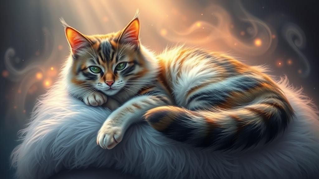 Vibrant Cat Lounging on Pillow in Ethereal Mist