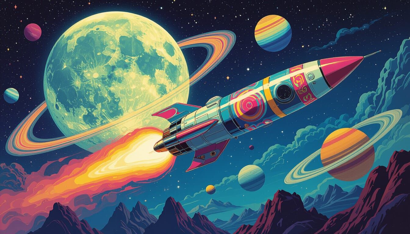 Psychedelic Rocket Voyage in Retro-Futuristic Style