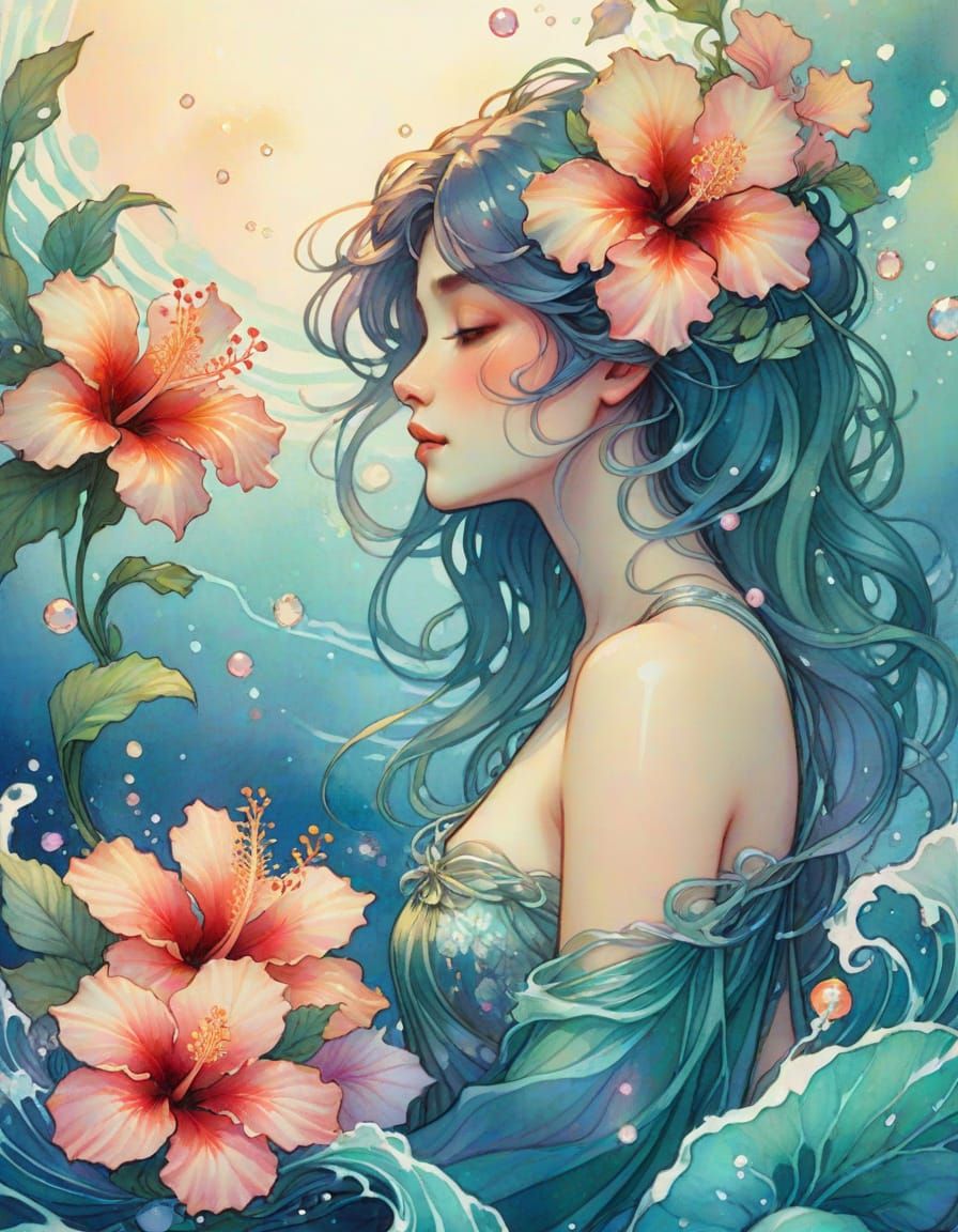 Ocean Woman with Seaweed Hair in Watercolor Art Nouveau