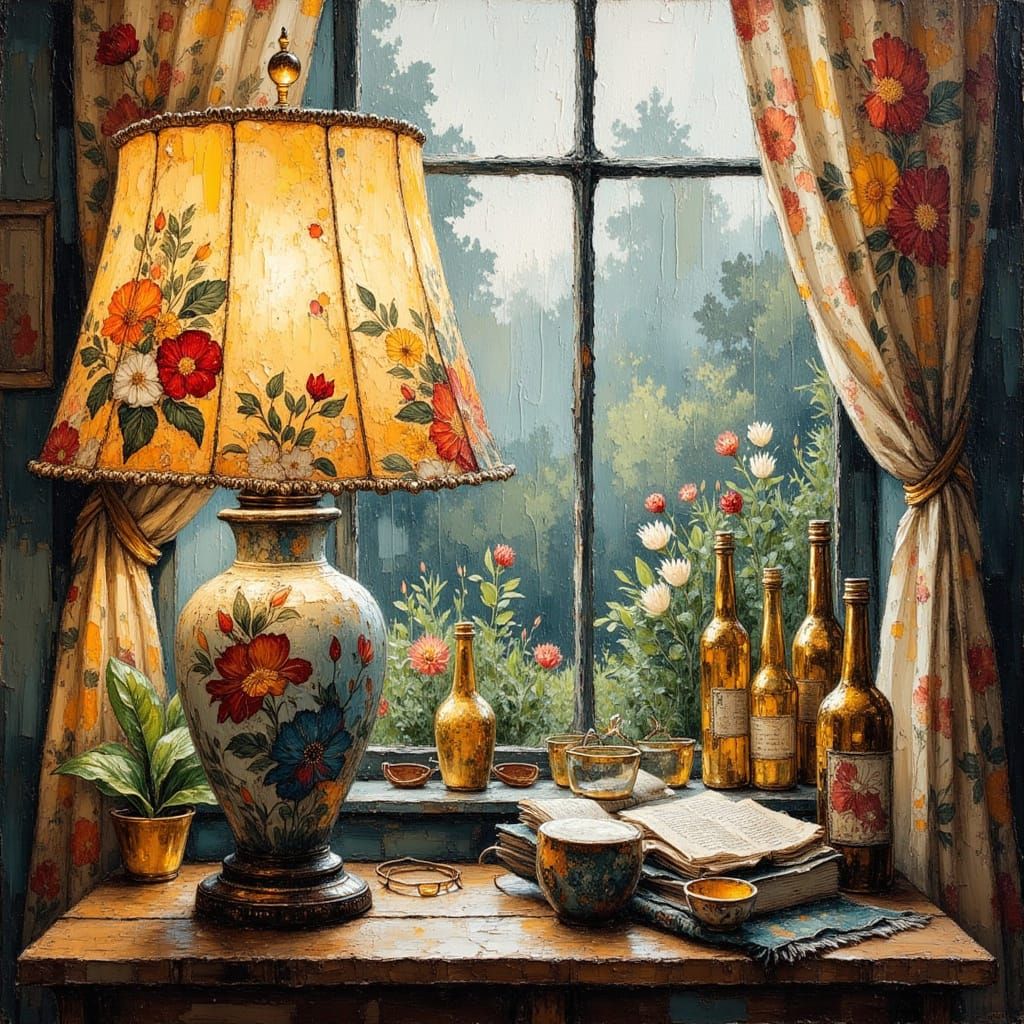 Close Up Oil Painting of a Worn Lamp in an English Garden