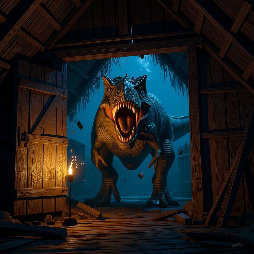 T-Rex Smashes Through Hut Door in Dramatic Scene