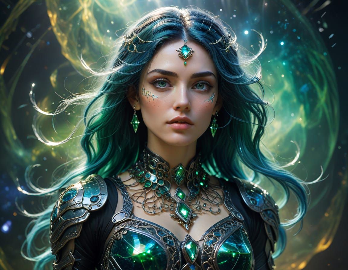 Psychedelic Gemstone Woman in Battle Armor