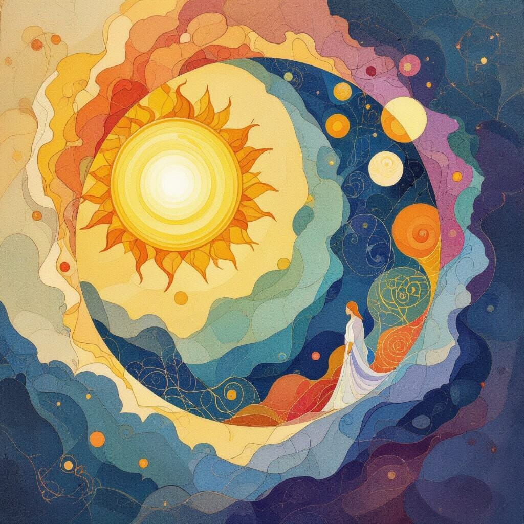 Cosmic Circle of Life in Flowing Watercolor Style