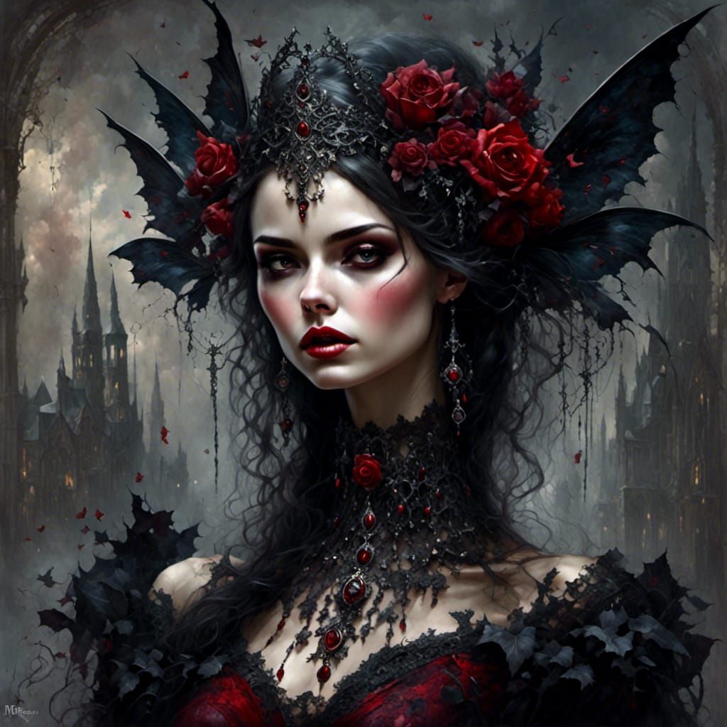 Gothic Fairy with Red Lipstick and Lace Choker