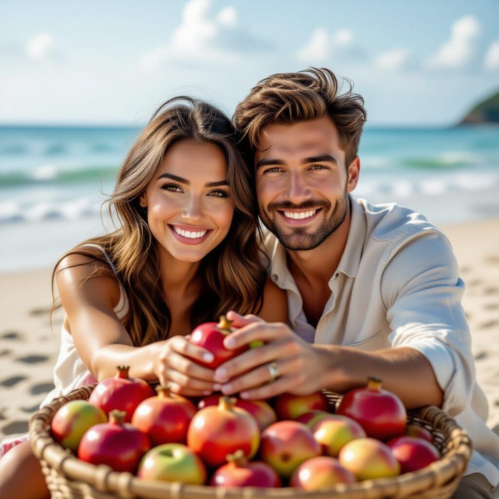 Couple Holding Hands on Thai Beach Surrounded by Fruit