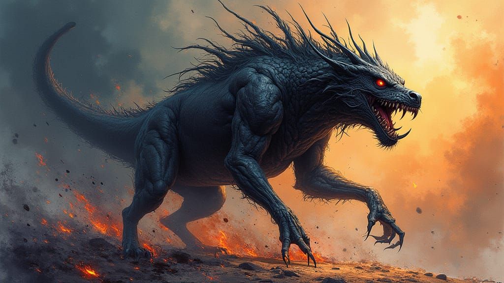 Dynamic Dark Fantasy Hellhound in Watercolour Style