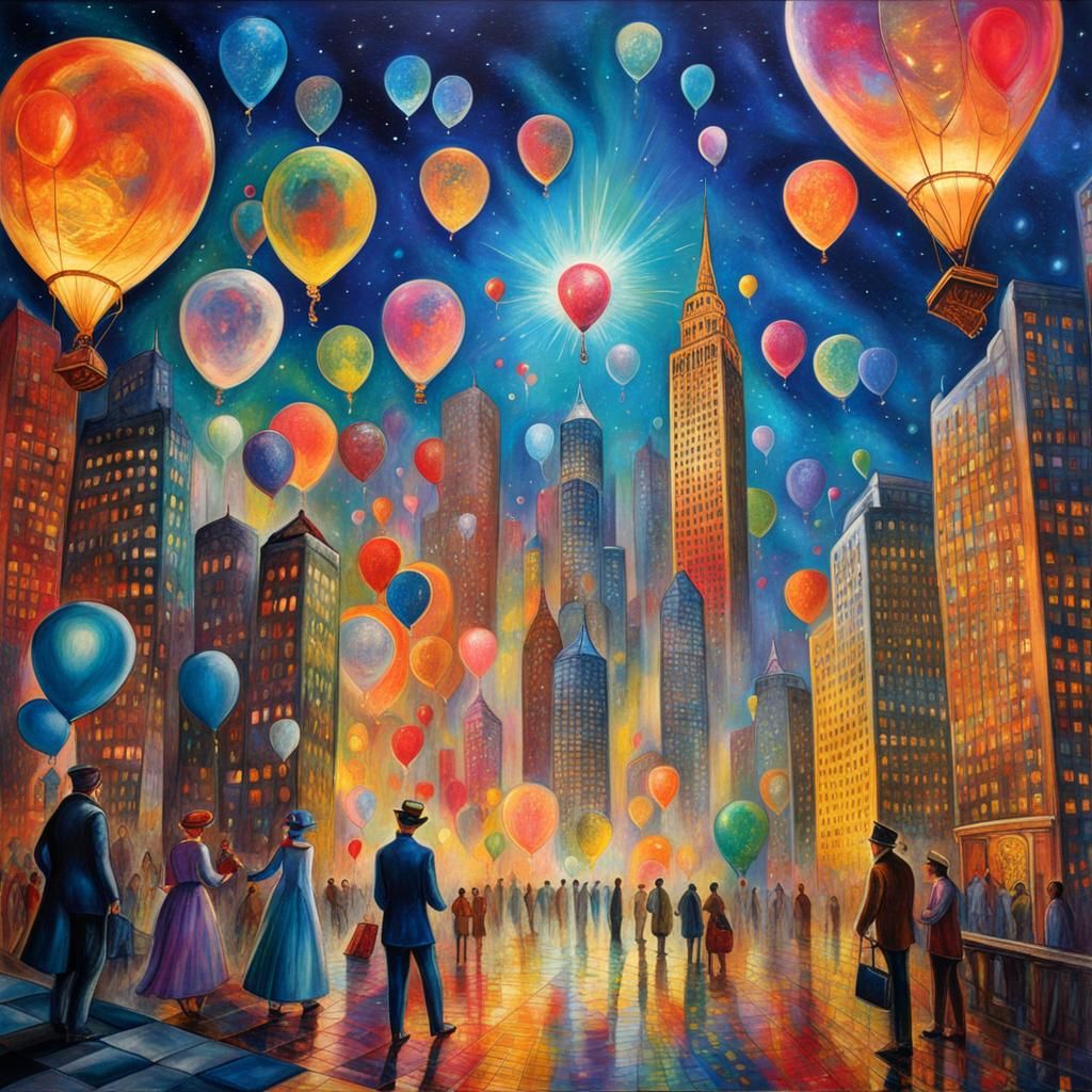 Surreal Elevators and Balloons in Cityscape
