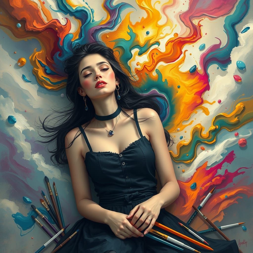 Woman Surrounded by Swirling Colors of Imagination