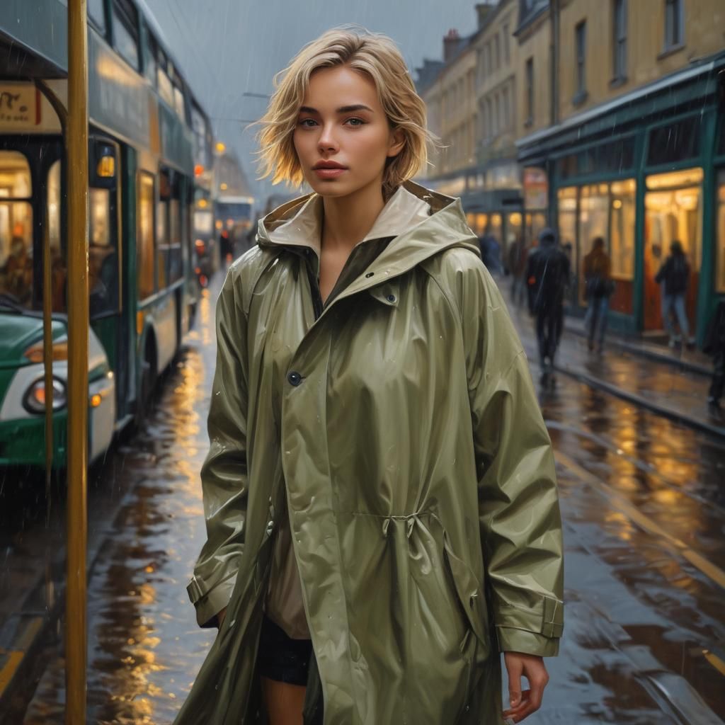 beautiful English female taking a bus, short blode hair, natural beauty, rain coat, splash art, oil canvas, white, silk,...