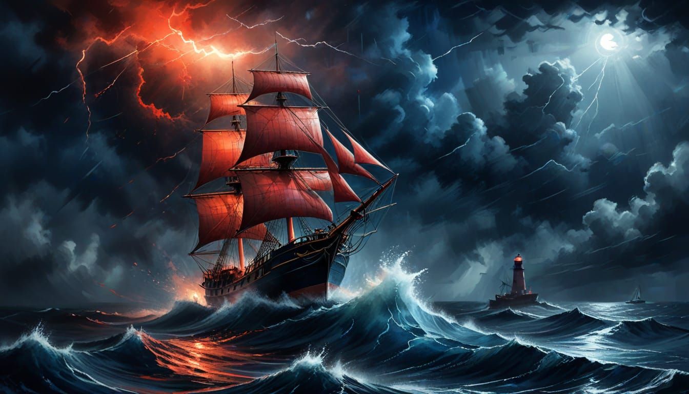Sailing Ship and Red Lighthouse in Stormy Seas