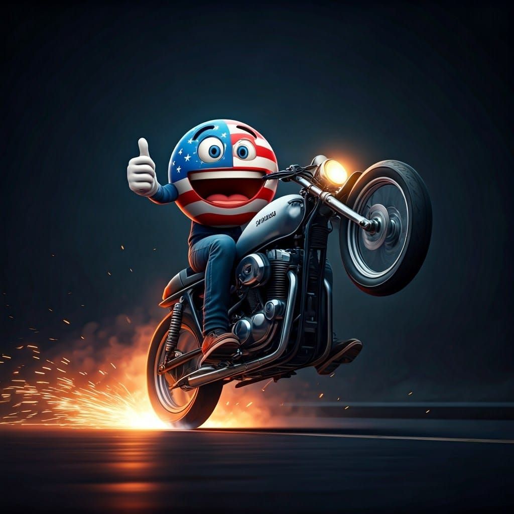 Patriotic Rider in Joyful Wheelie, Chrome Motorcycle and Vor...