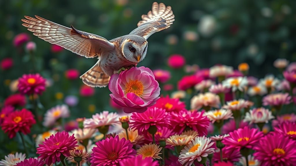 Barn Owl Flies Over Chrysanthemum Garden With Peony