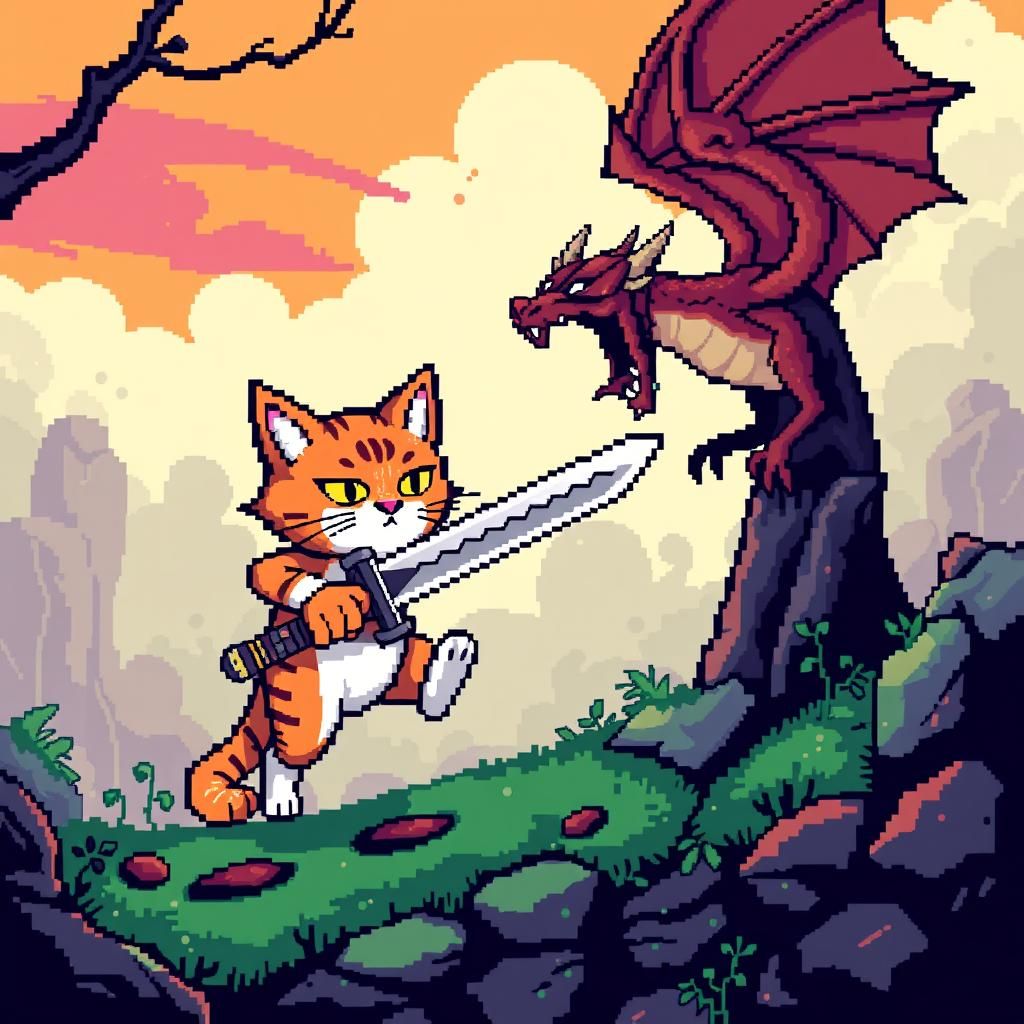 Pixel art cat with a sword in a fantasy environment, fightin...