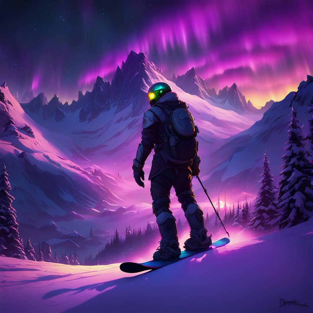 Knights Snowboarding Under Northern Lights: Fantasy Art