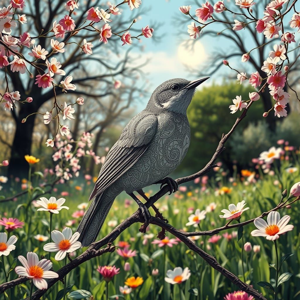 Bird in Escher-Inspired Surreal Landscape
