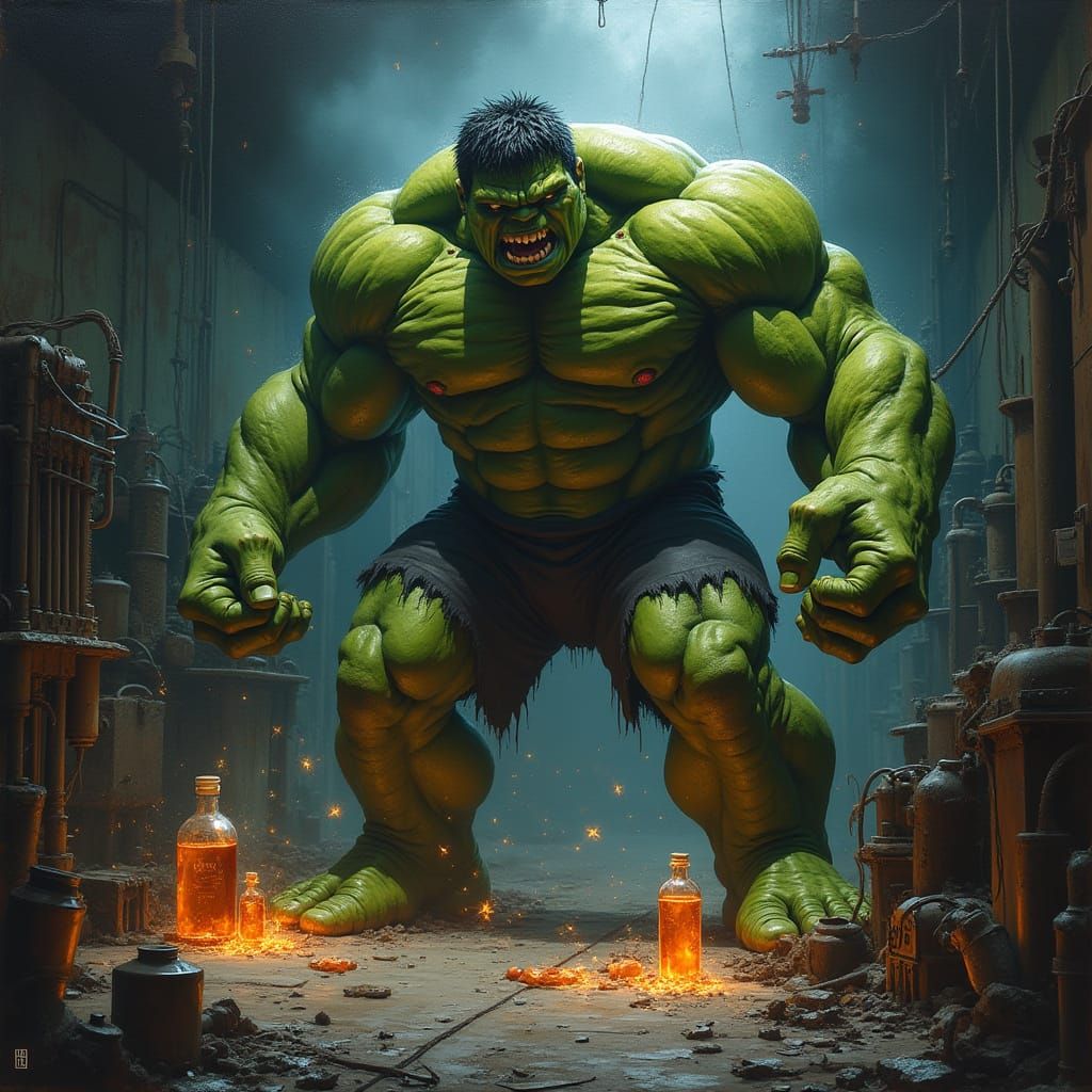 Hulk Transformation in Gothic Lab as Brushed Oils Painting