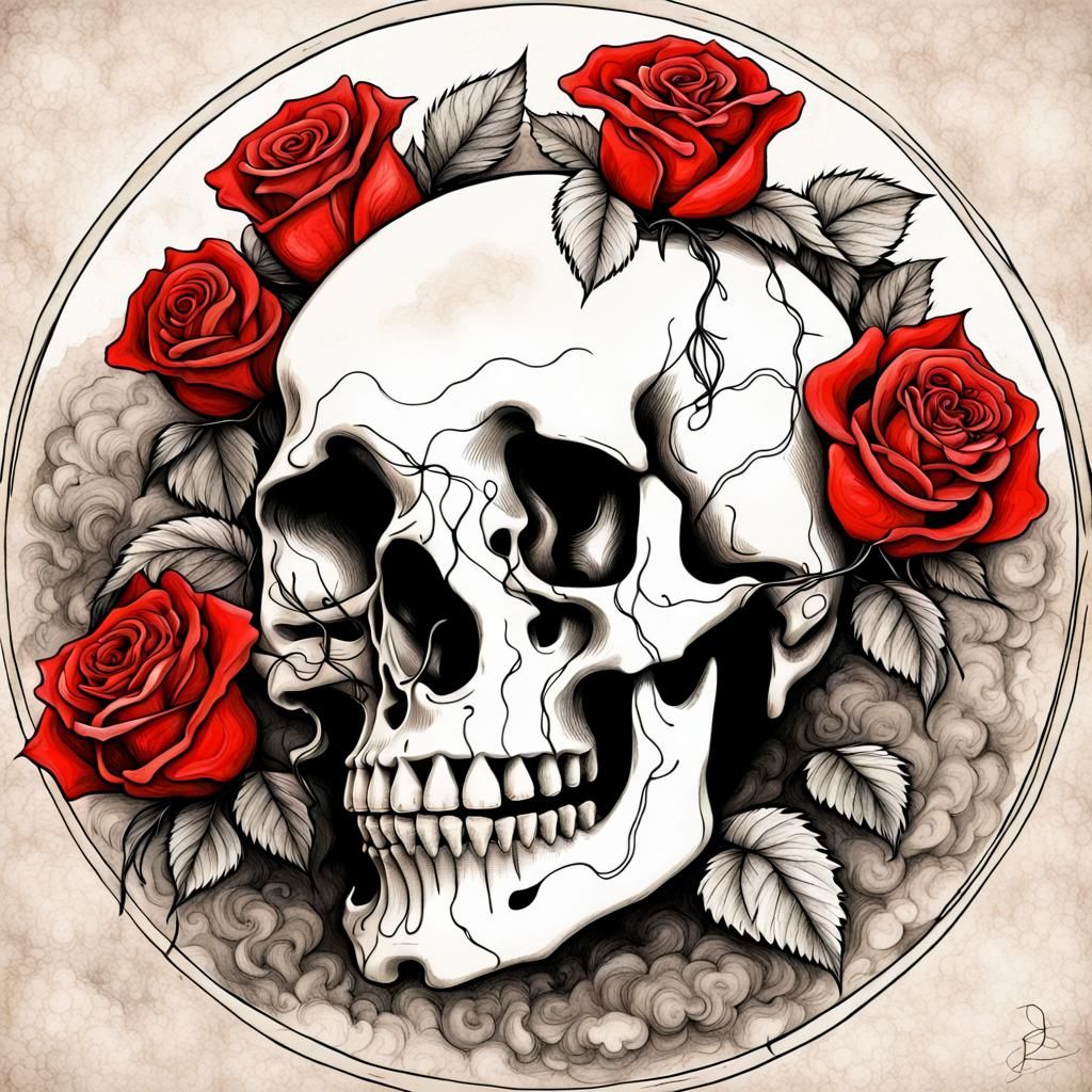Bleached Skull Surrounded by Roses in Ink Sketch