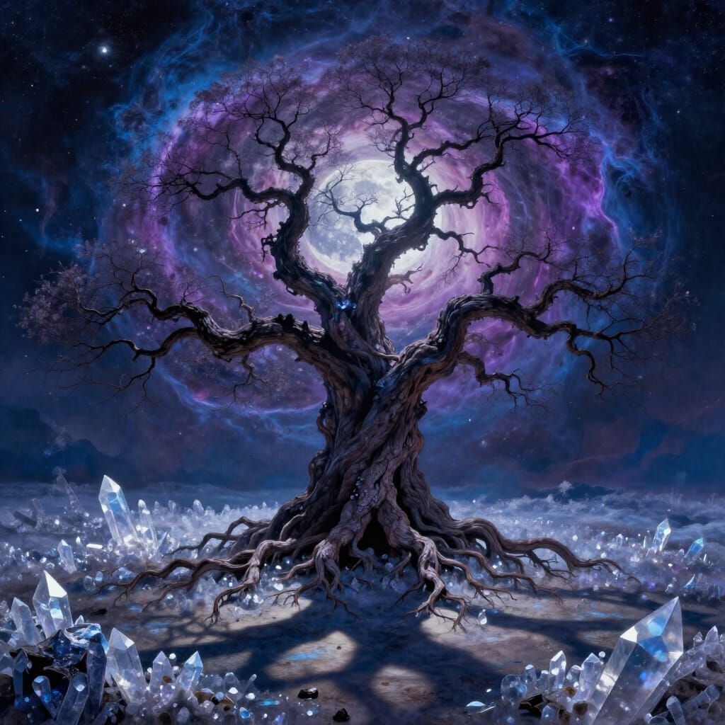 Ancient Tree in Nebula, Crystalline Landscape