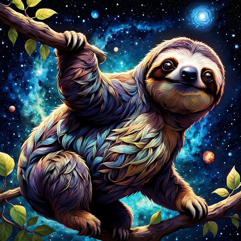 Cosmic Sloth Ascends Galaxy in Neo-Impressionist Style