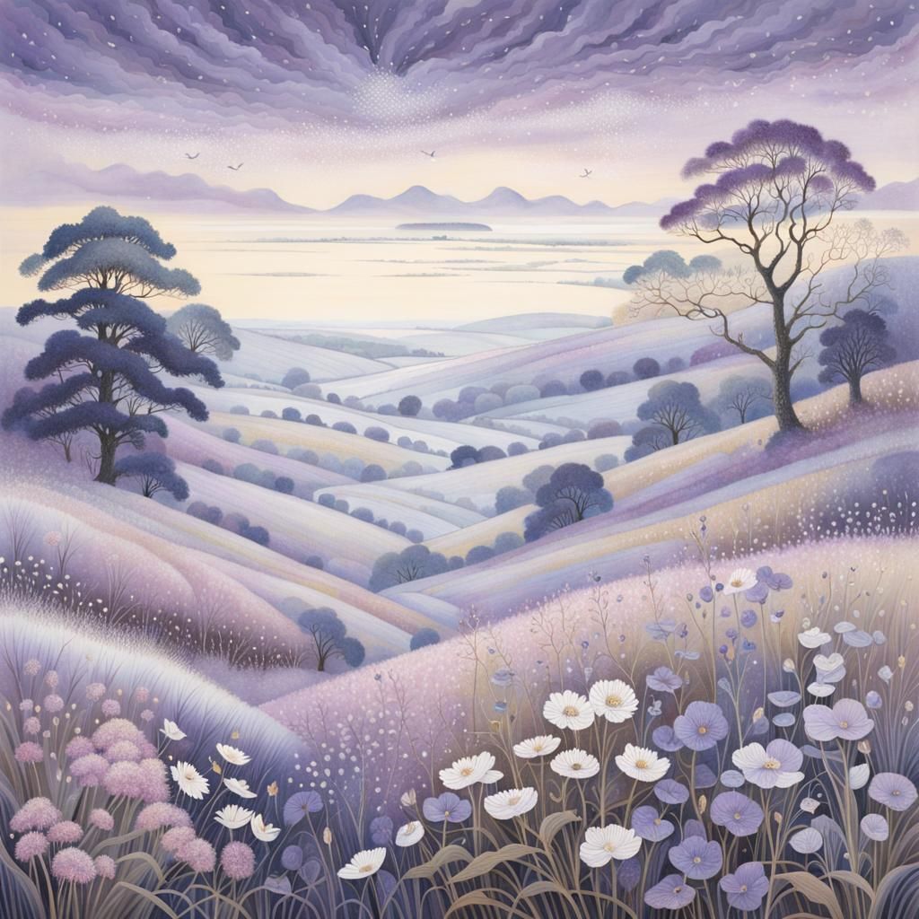 Intricately Detailed Moorland Scene in Muted Violet Tones