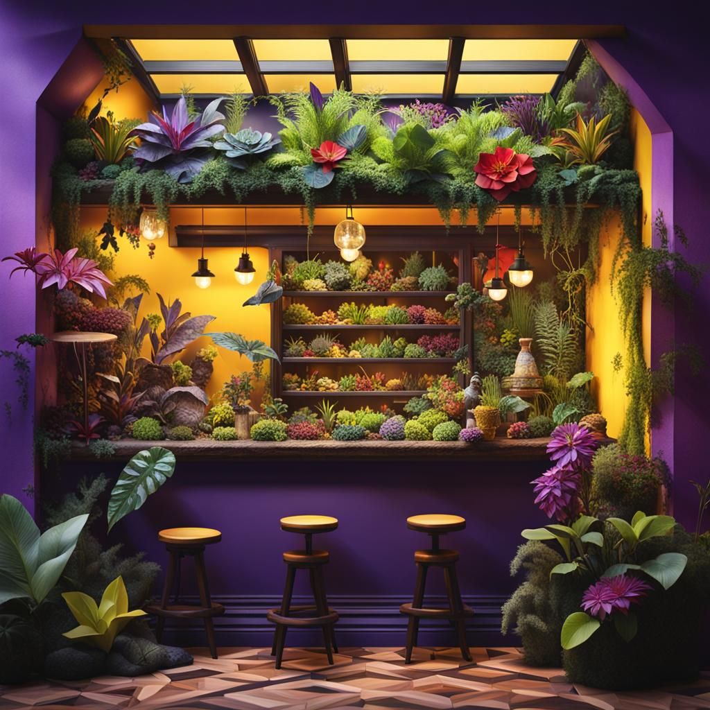 Terrarium Bar with Lush Vegetation and Origami