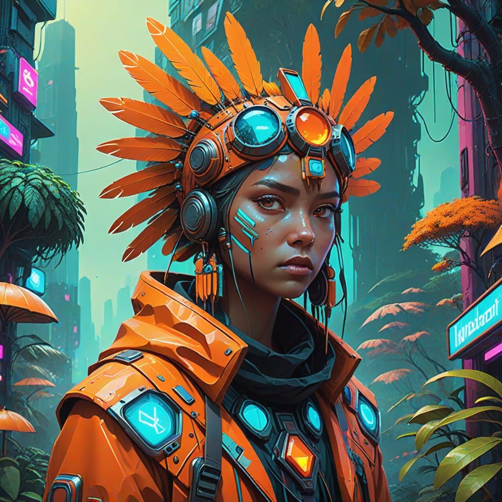 Amazonian Orange Gemstone Warrior in Vibrant Orange Headdres...