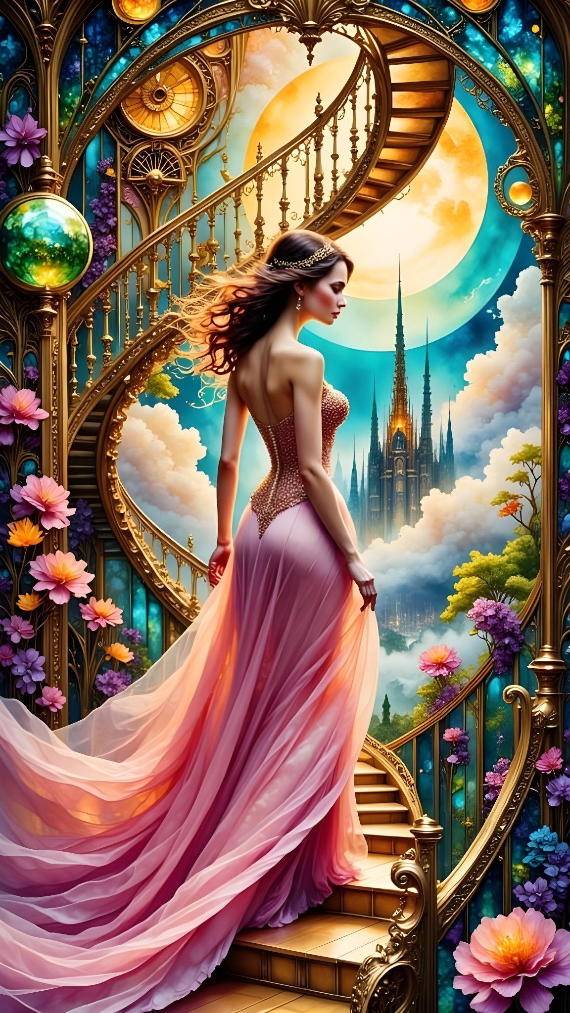 A Fantasy Goddess Descends a Clockwork Staircase in a Futuri...