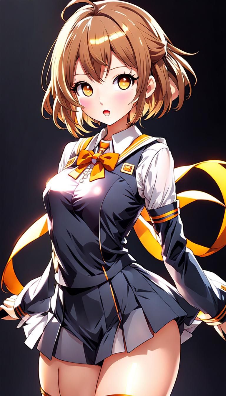 small anime traditional school girl, short shiny light-brown hair, large energetic hyper-detailed bright amber eyes, sma...