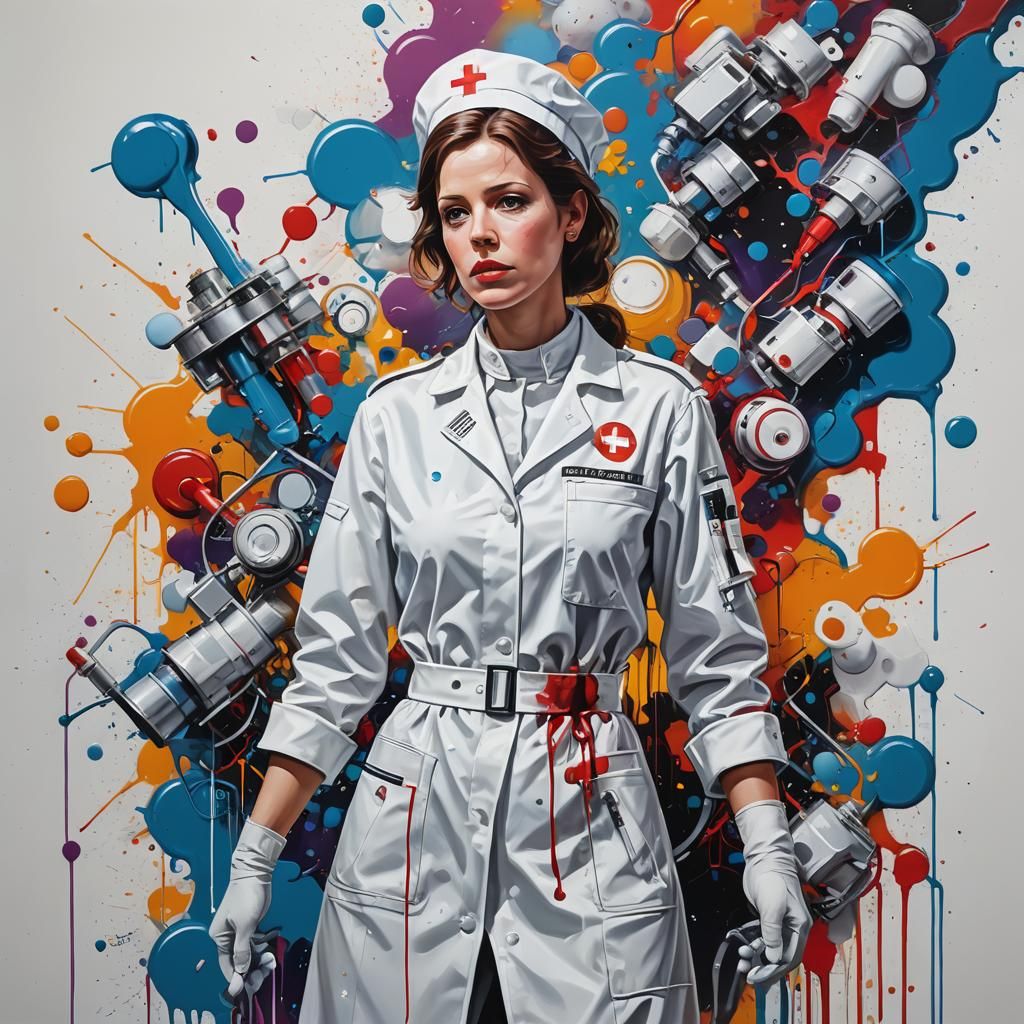 Statuesque Scientist with Nurses in Graffiti Art Style