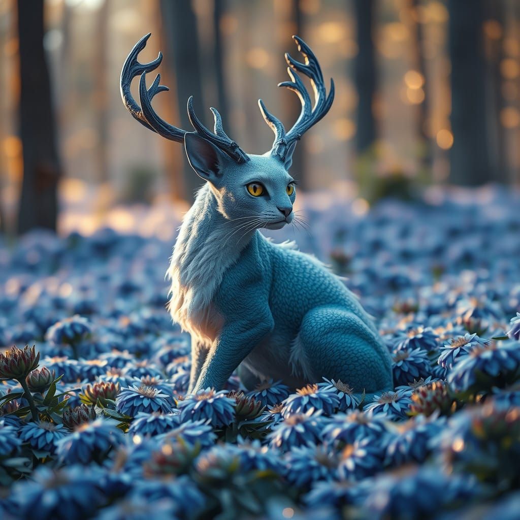 Mystical Dragon-Cat Amidst Winter Aster Blooms
