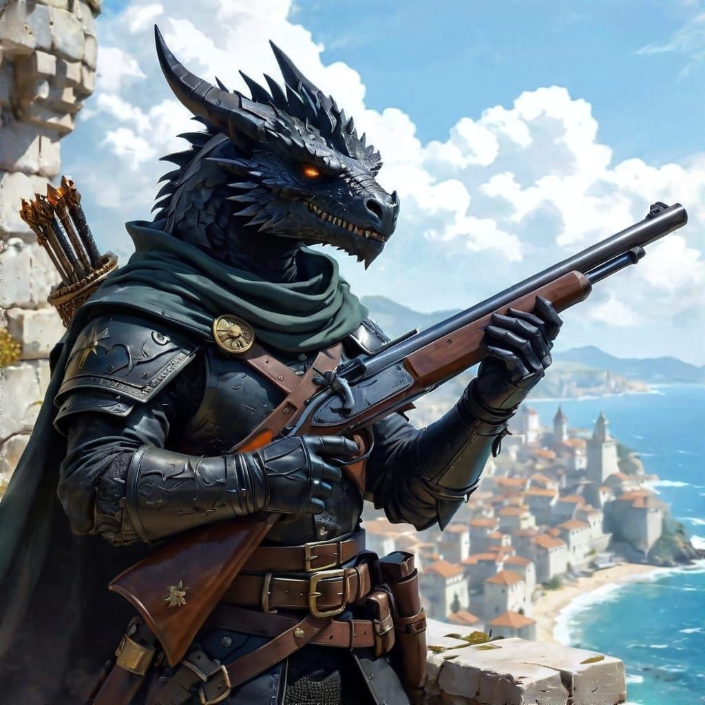 Dragonborn Fusilier Overlooking Medieval City