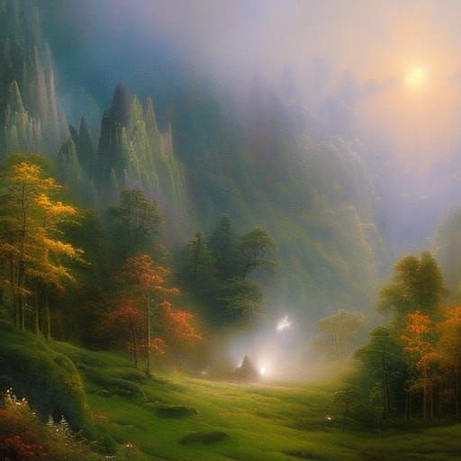 Ethereal Hobbit Church in Forest, Kinkade Style