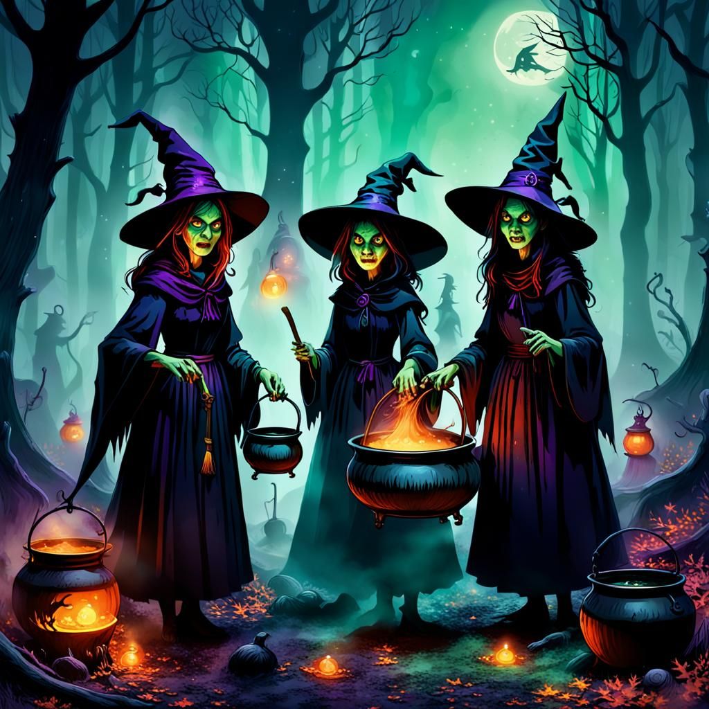 Eerie Witches Brewing Potions in Dark Forest