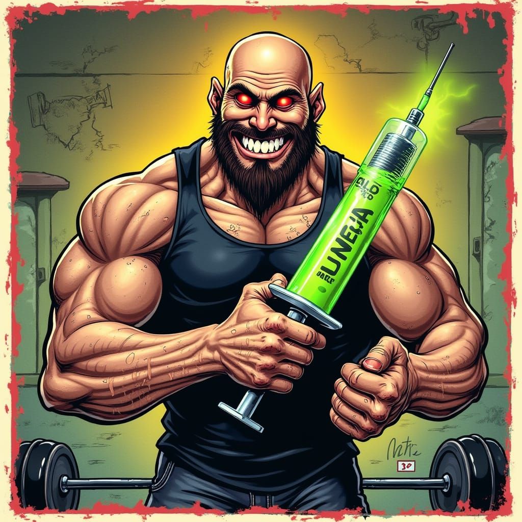 Muscular Gym Rat with Glowing Red Eyes and Mega Juice