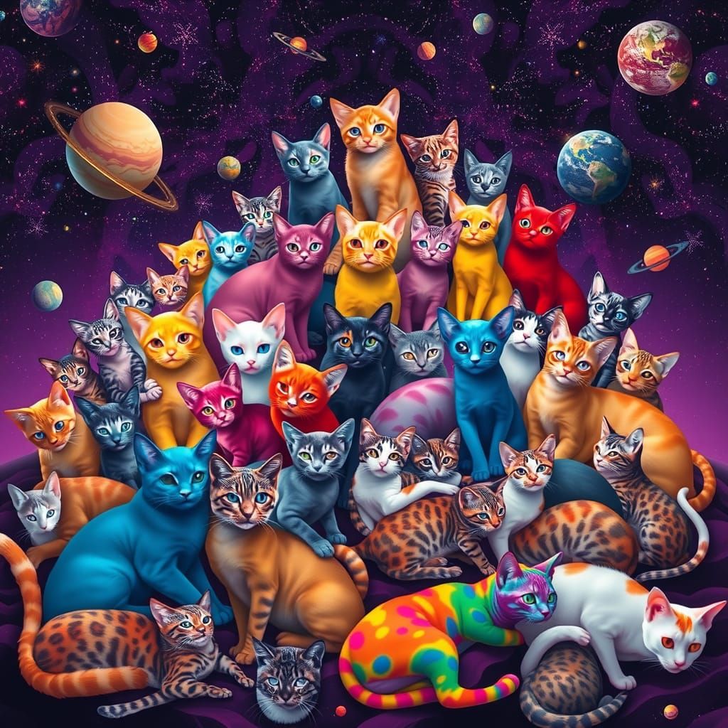 Rainbow Cats Mountain in Surreal Dreamscape Style