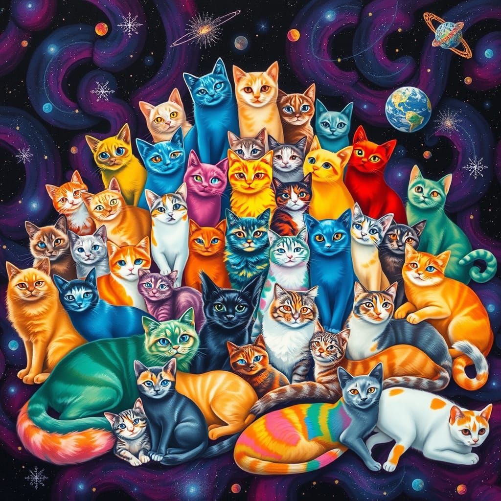 Rainbow Mountain of Cats in Dreamlike Style