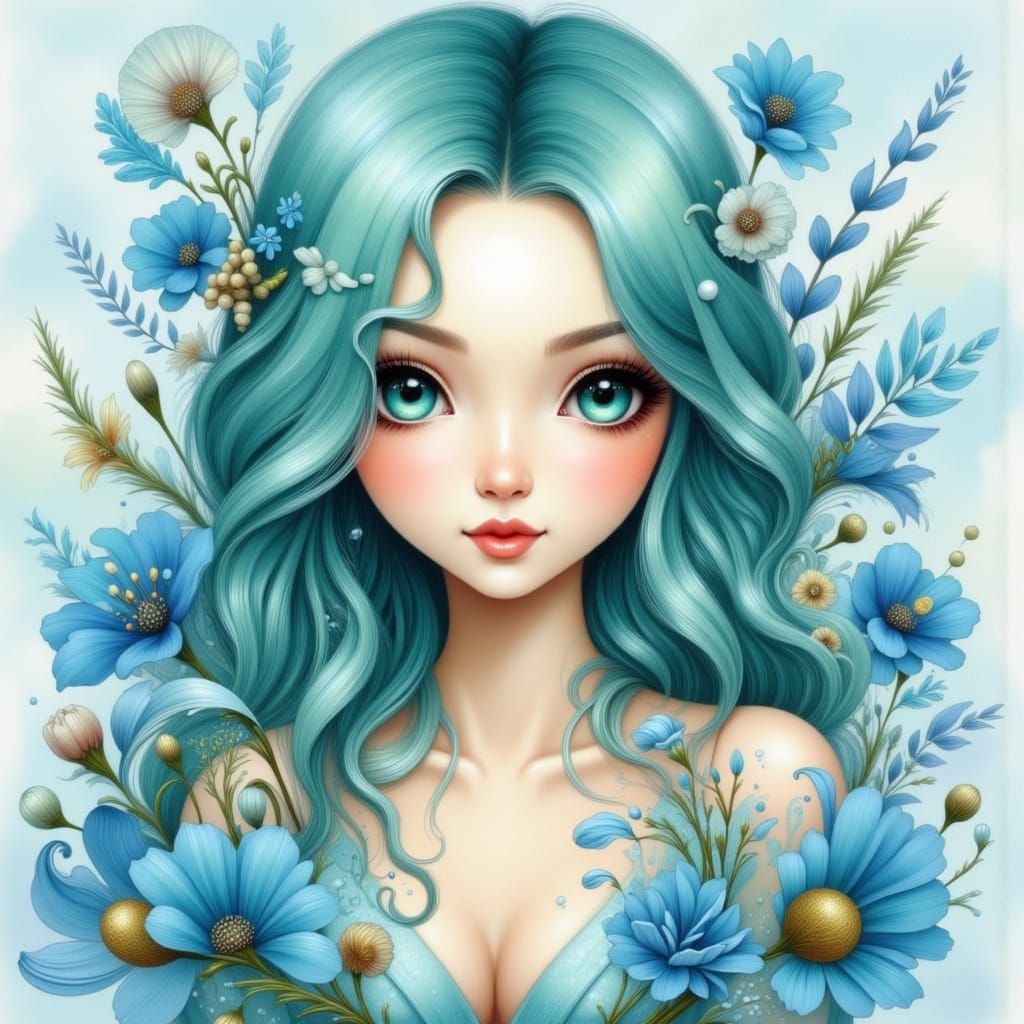 Pretty Woman Portrait in Watercolor and Pencil Sketch Style