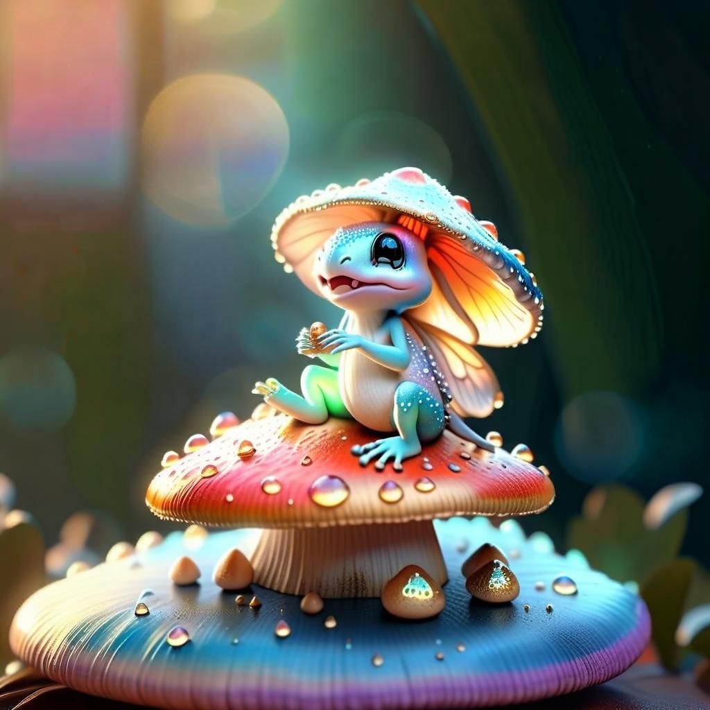 Hyperrealistic Fairy on Mushroom with Dewdrops